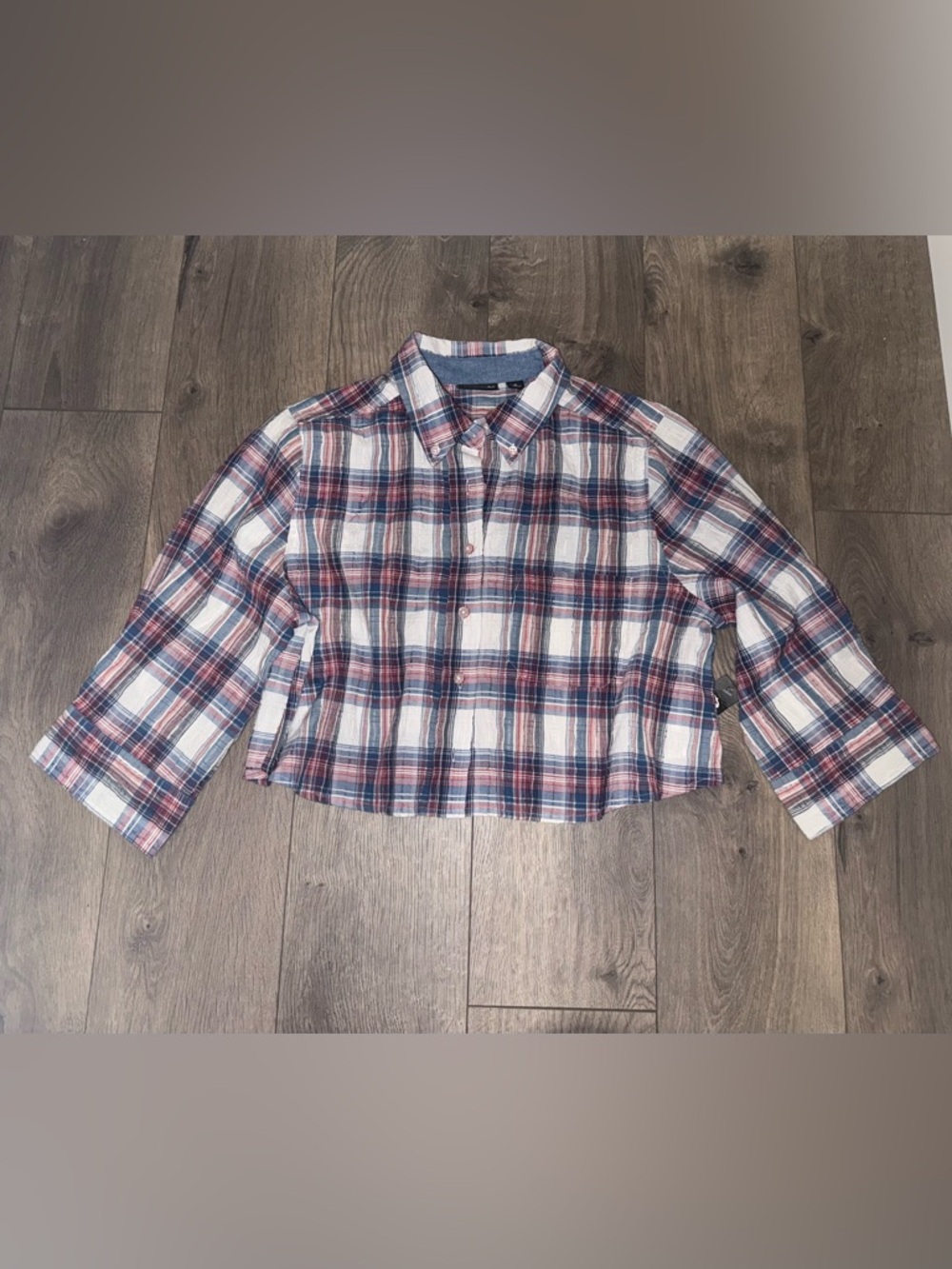 Allen B. By Allen Schwartz Cropped Plaid Button-Down Shirt - White, Blue & Red